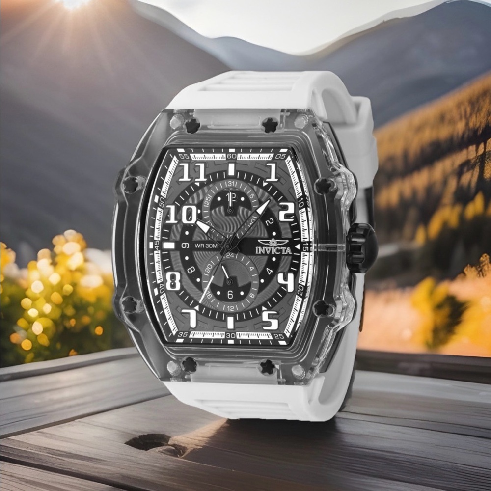 Invicta Racing Cyclone Men's 48.5MM Dark Grey Clear Case,White Silicone Band-New